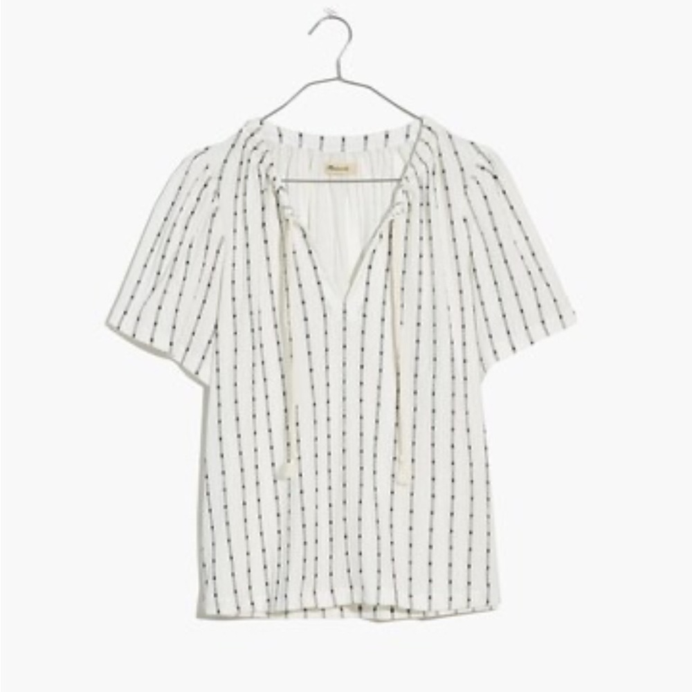 Madewell Ivory Neck Tie Blouse with Black Stripes